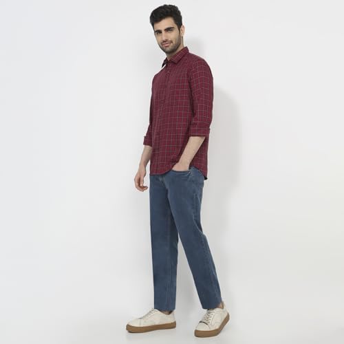 Colorplus Men Regular Fit Checks Pattern Pure Cotton Plain Collar Full Sleeve Tail Bottom Hem Casual Shirt Dark Maroon