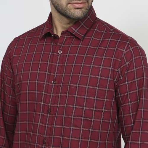 Colorplus Men Regular Fit Checks Pattern Pure Cotton Plain Collar Full Sleeve Tail Bottom Hem Casual Shirt Dark Maroon