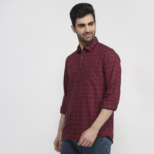 Colorplus Men Regular Fit Checks Pattern Pure Cotton Plain Collar Full Sleeve Tail Bottom Hem Casual Shirt Dark Maroon