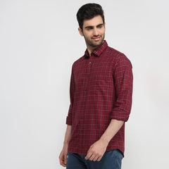Colorplus Men Regular Fit Checks Pattern Pure Cotton Plain Collar Full Sleeve Tail Bottom Hem Casual Shirt Dark Maroon