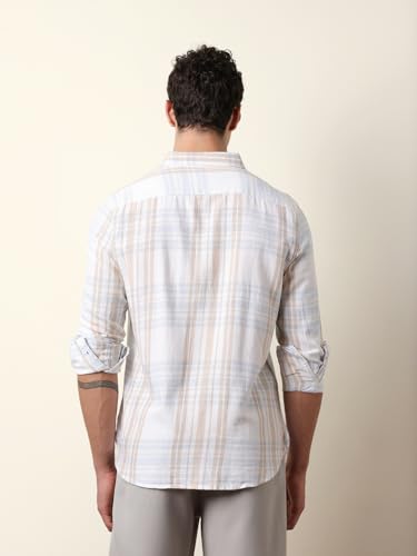 THE BEAR HOUSE Mens Checked Casual Full-Sleeve Shirt | Button-Down Collar | Modern Fit | Stylish Everyday Wear White