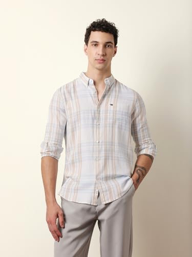 THE BEAR HOUSE Mens Checked Casual Full-Sleeve Shirt | Button-Down Collar | Modern Fit | Stylish Everyday Wear White