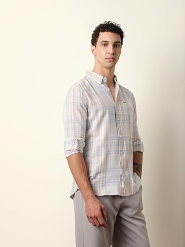 THE BEAR HOUSE Mens Checked Casual Full-Sleeve Shirt | Button-Down Collar | Modern Fit | Stylish Everyday Wear White