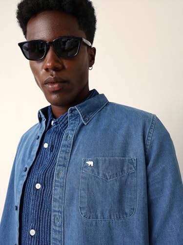 THE BEAR HOUSE Men Cotton Solid Slim Fit Casual Shirt Blue