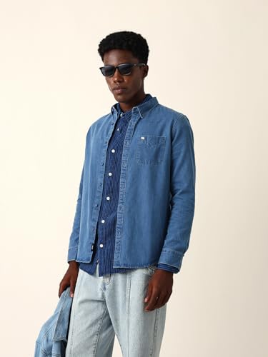 THE BEAR HOUSE Men Cotton Solid Slim Fit Casual Shirt Blue