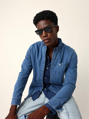 THE BEAR HOUSE Men Cotton Solid Slim Fit Casual Shirt Blue
