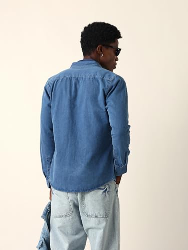 THE BEAR HOUSE Men Cotton Solid Slim Fit Casual Shirt Blue