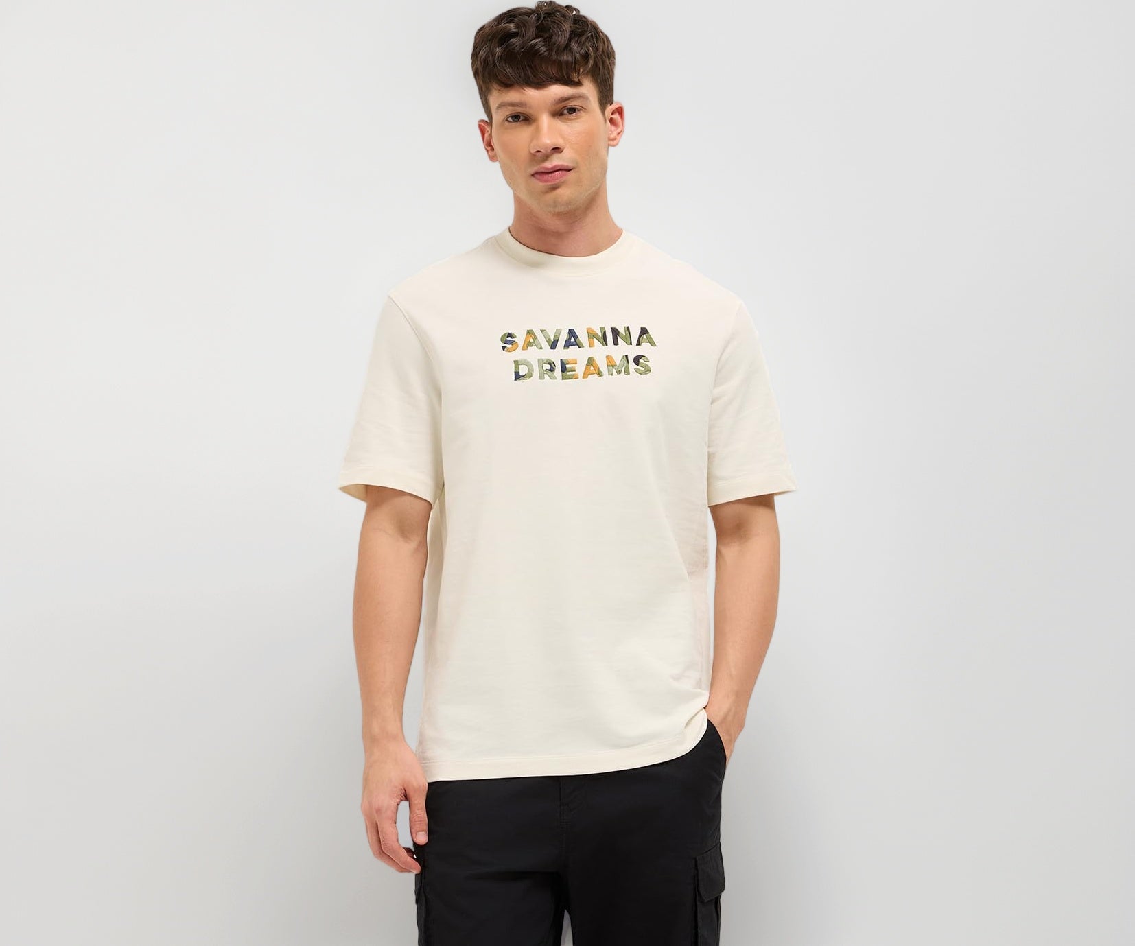 THE BEAR HOUSE Men's Embroidery Relaxed Fit T-Shirt (TSH-DREK-CR_Cream