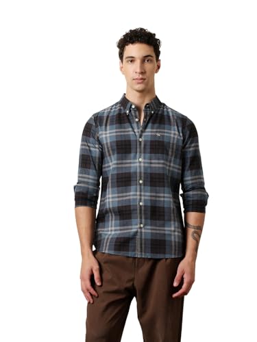THE BEAR HOUSE Mens Checked Casual Full-Sleeve Shirt | Button-Down Collar | Modern Fit | Stylish Everyday Wear Blue