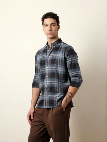 THE BEAR HOUSE Mens Checked Casual Full-Sleeve Shirt | Button-Down Collar | Modern Fit | Stylish Everyday Wear Blue