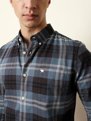 THE BEAR HOUSE Mens Checked Casual Full-Sleeve Shirt | Button-Down Collar | Modern Fit | Stylish Everyday Wear Blue