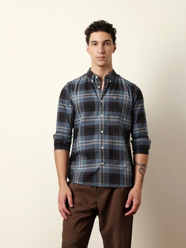 THE BEAR HOUSE Mens Checked Casual Full-Sleeve Shirt | Button-Down Collar | Modern Fit | Stylish Everyday Wear Blue