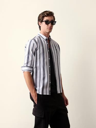 THE BEAR HOUSE Men Cotton Woven Striped Slim Fit Casual Shirt White