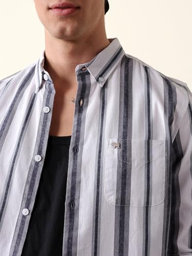 THE BEAR HOUSE Men Cotton Woven Striped Slim Fit Casual Shirt White