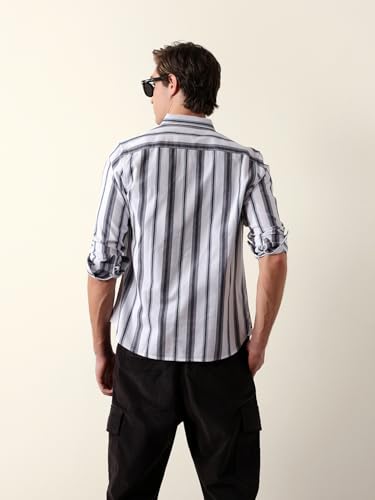 THE BEAR HOUSE Men Cotton Woven Striped Slim Fit Casual Shirt White
