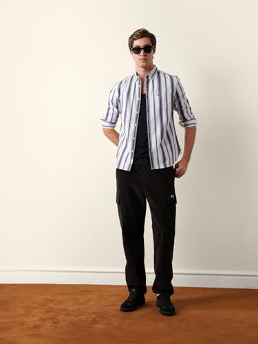 THE BEAR HOUSE Men Cotton Woven Striped Slim Fit Casual Shirt White