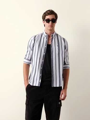 THE BEAR HOUSE Men Cotton Woven Striped Slim Fit Casual Shirt White