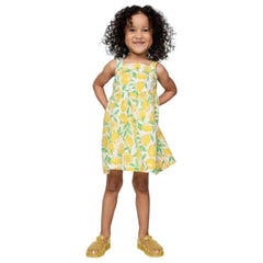 Girls' Printed Round Neck A-Line Dress, Yellow, 3Y