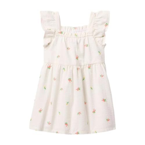 Girls' Floral Square Neck Flutter Sleeve A-Line Dress, White, 4Y