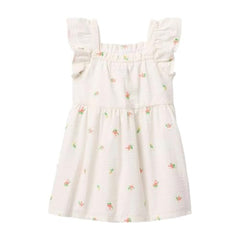 Girls' Floral Square Neck Flutter Sleeve A-Line Dress, White, 4Y