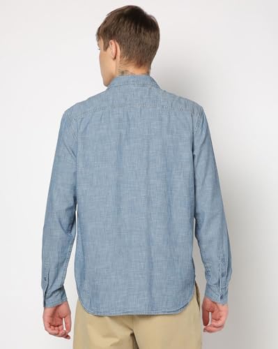GAP Mens Chambray Spread?Collar Shirt with Patch Pockets, Blue,L