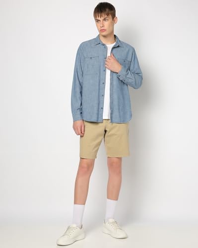 GAP Mens Chambray Spread?Collar Shirt with Patch Pockets, Blue,L