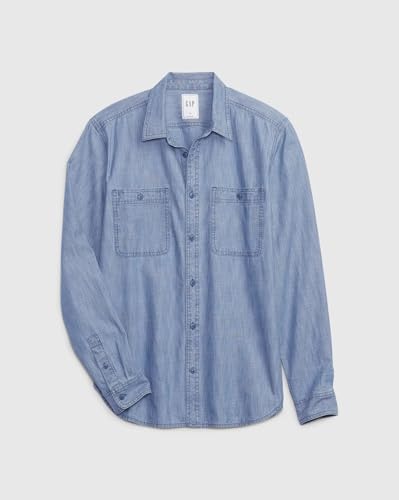 GAP Mens Chambray Spread?Collar Shirt with Patch Pockets, Blue,L