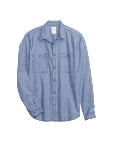 GAP Mens Chambray Spread?Collar Shirt with Patch Pockets, Blue,L