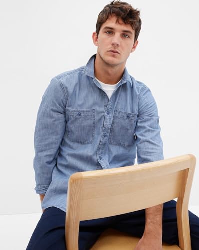 GAP Mens Chambray Spread?Collar Shirt with Patch Pockets, Blue,L