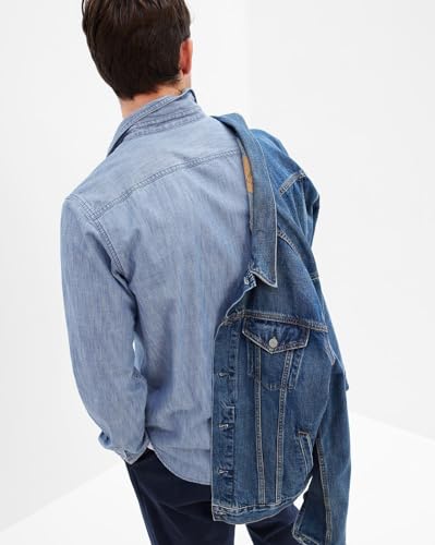 GAP Mens Chambray Spread?Collar Shirt with Patch Pockets, Blue,L