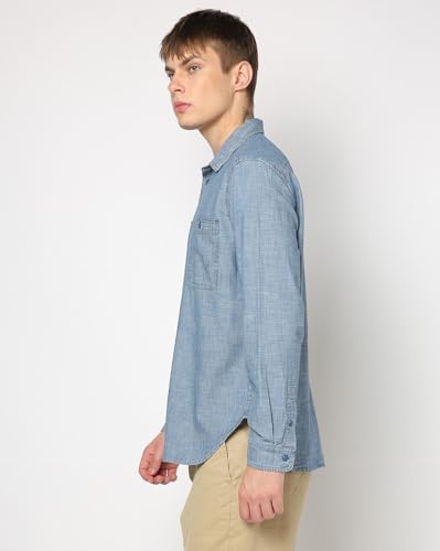 GAP Mens Chambray Spread?Collar Shirt with Patch Pockets, Blue,L