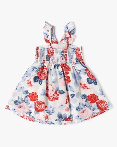Girls' Floral Regular Fit Square Neck Dress, Multi, 3Y