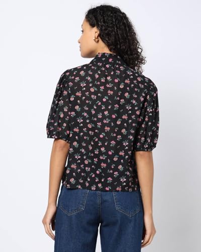 Women Floral Puff Sleeve Shirt-Style Top, Black, XL