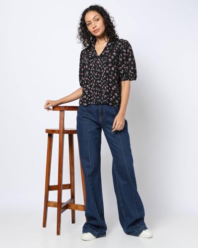 Women Floral Puff Sleeve Shirt-Style Top, Black, XL