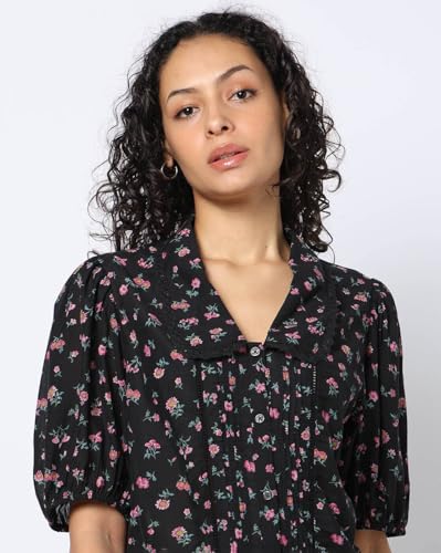 Women Floral Puff Sleeve Shirt-Style Top, Black, XL