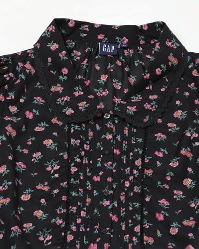 Women Floral Puff Sleeve Shirt-Style Top, Black, XL