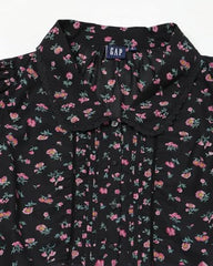 Women Floral Puff Sleeve Shirt-Style Top, Black, XL