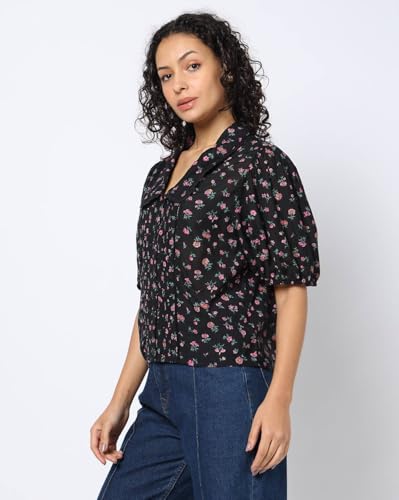 Women Floral Puff Sleeve Shirt-Style Top, Black, XL