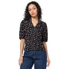 Women Floral Puff Sleeve Shirt-Style Top, Black, XL