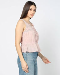 Women Lace Peplum Top, Pink, S