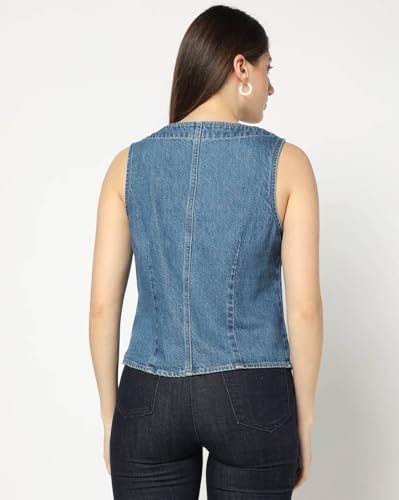 Women Asymmetric Relaxed Round Neck Top, Medium Blue, L