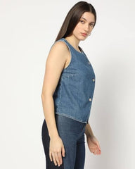 Women Asymmetric Relaxed Round Neck Top, Medium Blue, L