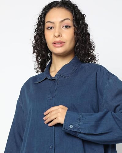 Women Loose Fit Spread Collar Shirt, Medium Blue, M