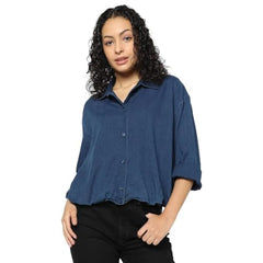 Women Loose Fit Spread Collar Shirt, Medium Blue, M
