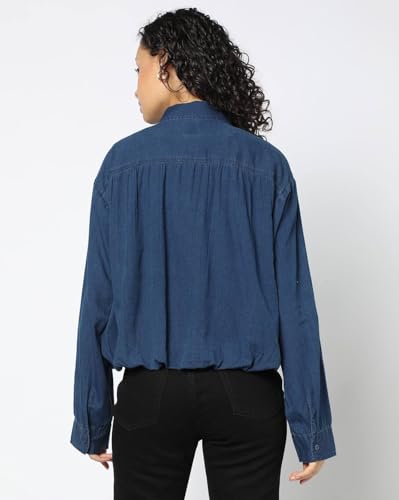 Women Loose Fit Spread Collar Shirt, Medium Blue, M