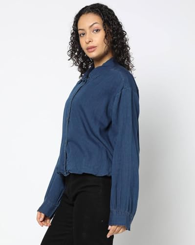 Women Loose Fit Spread Collar Shirt, Medium Blue, M