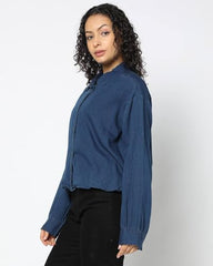 Women Loose Fit Spread Collar Shirt, Medium Blue, M