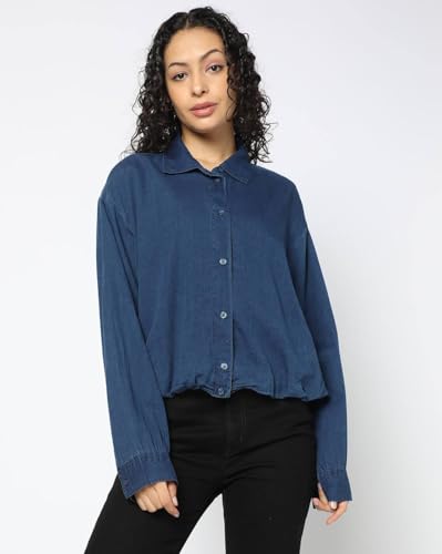 Women Loose Fit Spread Collar Shirt, Medium Blue, M