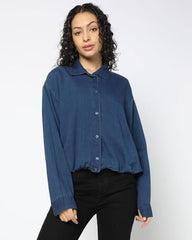 Women Loose Fit Spread Collar Shirt, Medium Blue, M