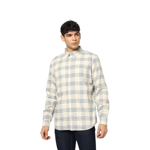 Men's Checks Button-Down Shirt, Beige, XL